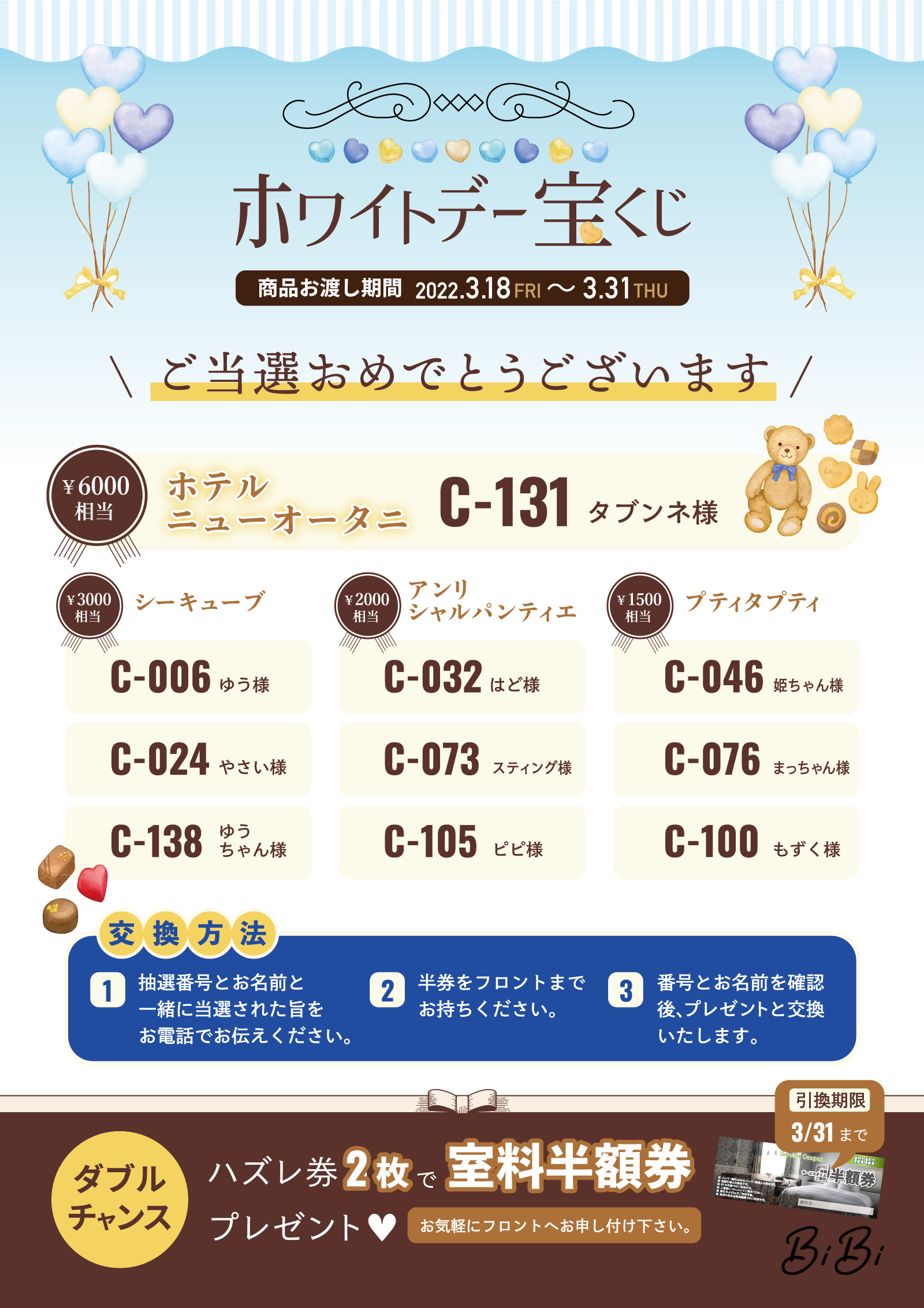 ☆ホワイトデー宝くじ【当選発表】☆